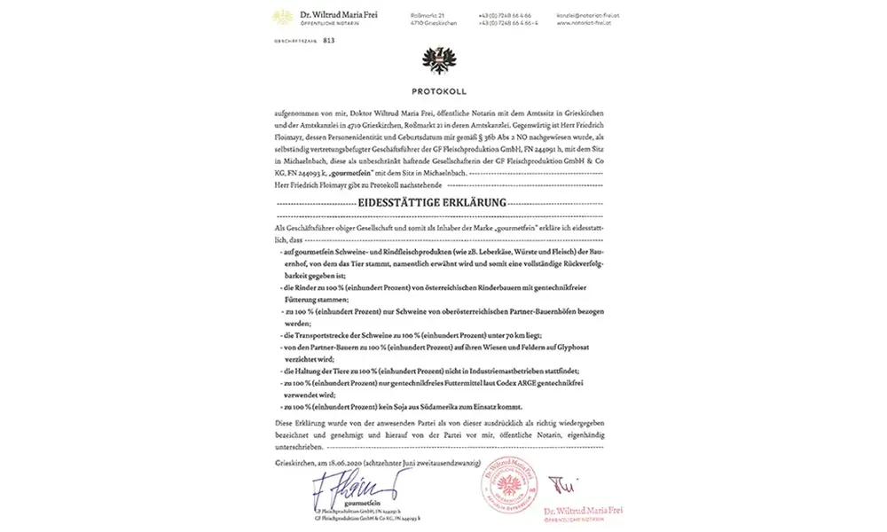 Eidesstattliche Erklärung zum Herkunftsnachweis von Firmengründer Fritz Floimayr